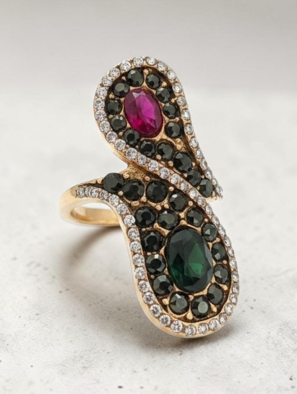 Sassified boutique  Gold-Tone Double Teardrop Ring with Green and Pink Stones